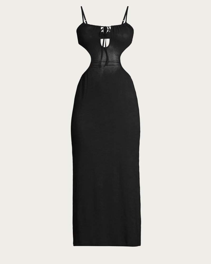 Front of a model wearing a size L Ruched Cutout Maxi Cover Up in Black in Black by WE WORE WHAT. | dia_product_style_image_id:345512